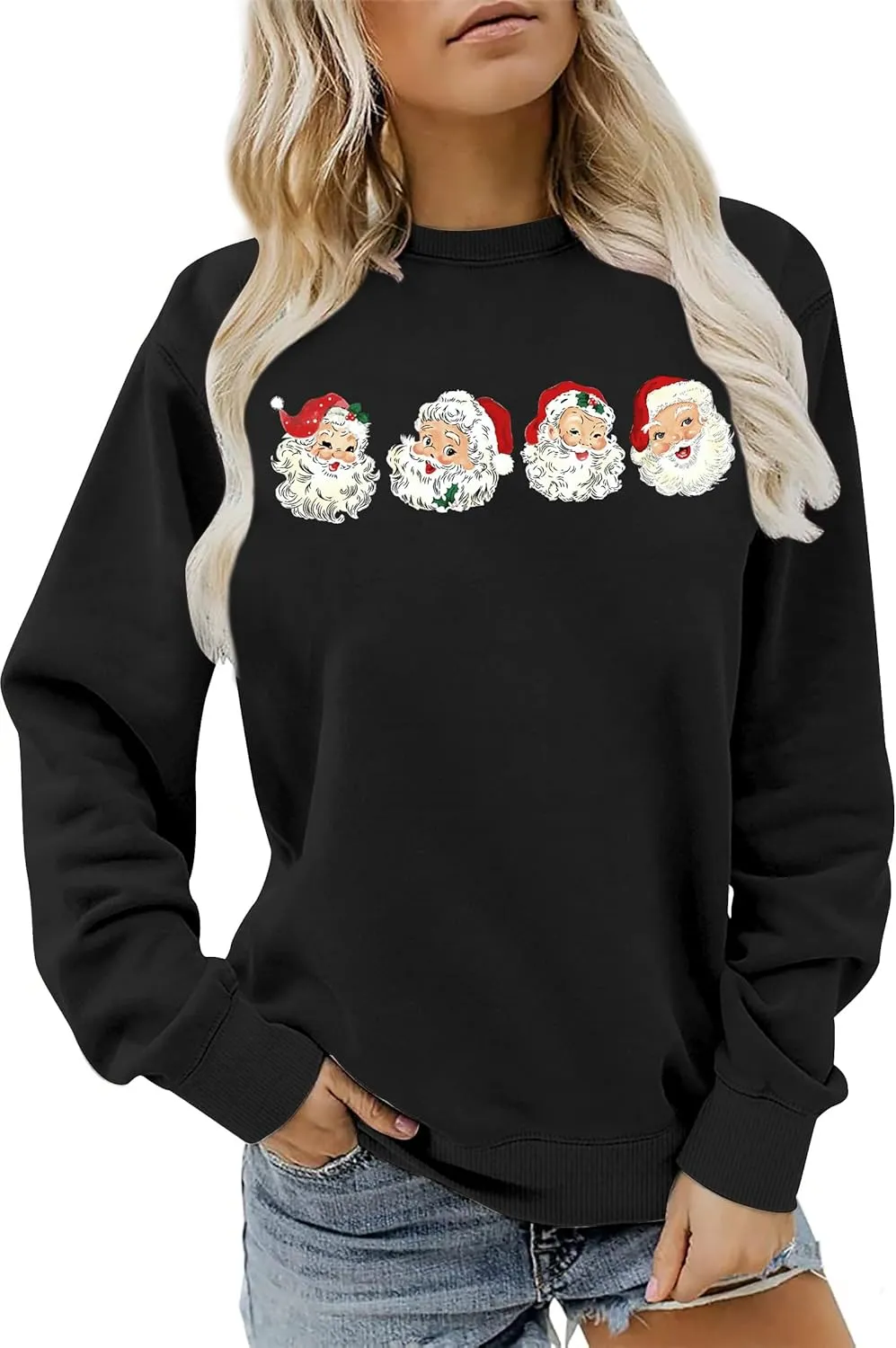 VVNTY Christmas Sweatshirts for Women Retro Santa Claus Graphic Long Sleeve Shirt Xmas Pullover Tops