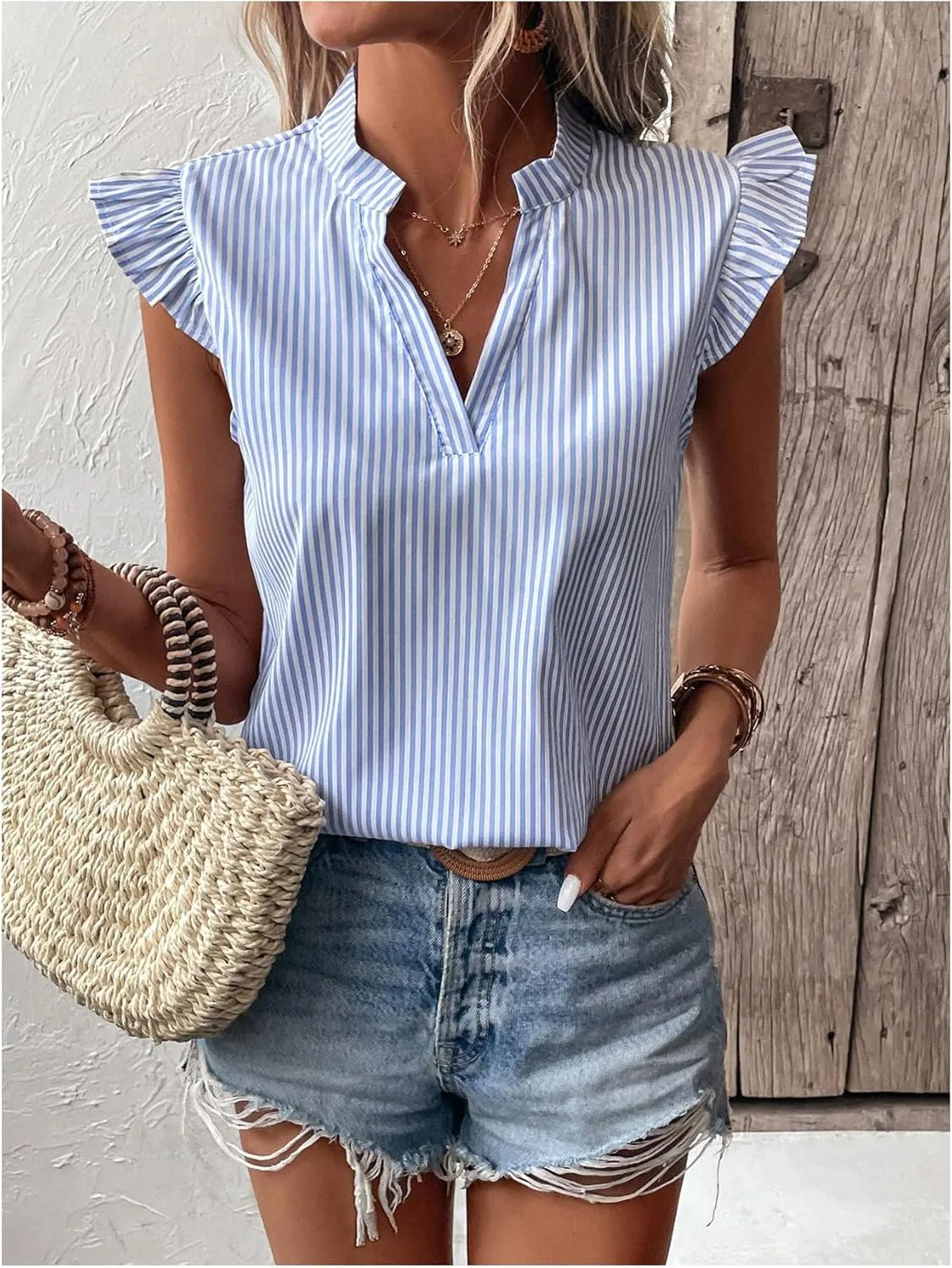 WDIRARA Women's Striped Ruffle Cap Sleeve Notched V Neck Blouse Top Shirt