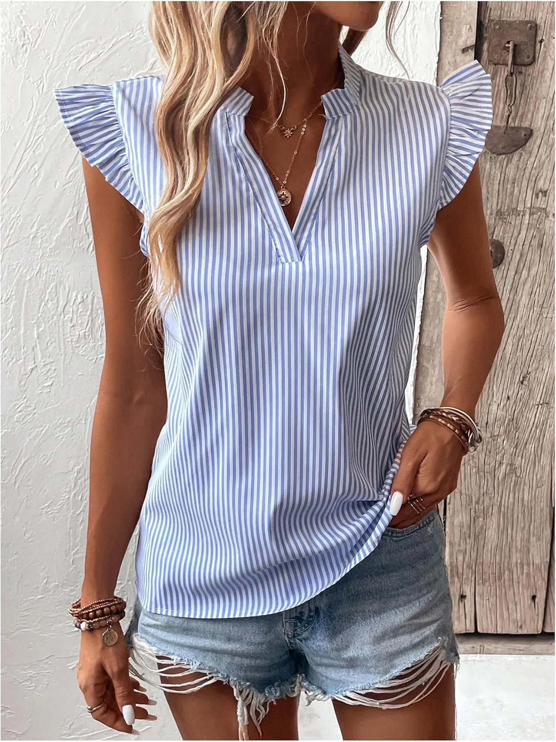 WDIRARA Women's Striped Ruffle Cap Sleeve Notched V Neck Blouse Top Shirt