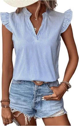 WDIRARA Women's Striped Ruffle Cap Sleeve Notched V Neck Blouse Top Shirt