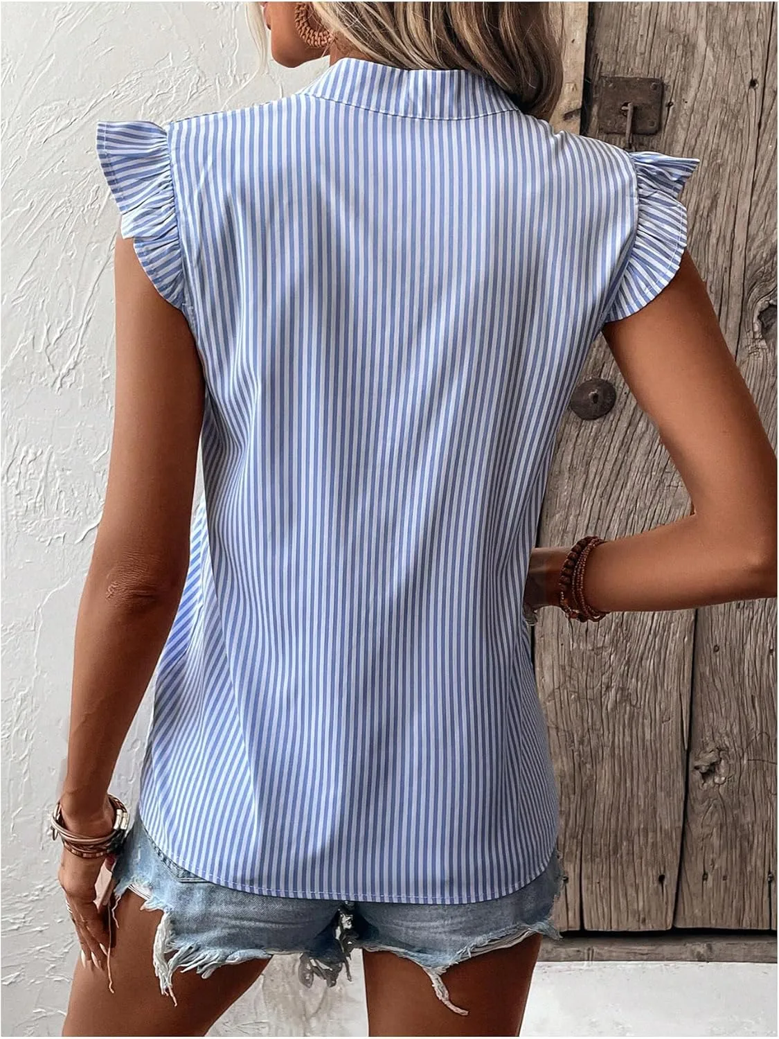WDIRARA Women's Striped Ruffle Cap Sleeve Notched V Neck Blouse Top Shirt