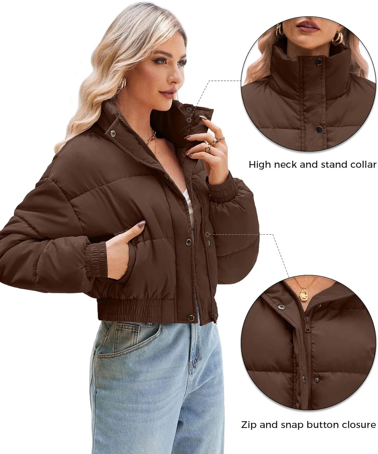 WHN Womens Cropped Jacket Puffer Lightweight Quilted Jackets Long Sleeve Stand Collar Zipper Winter Outerwear Coat