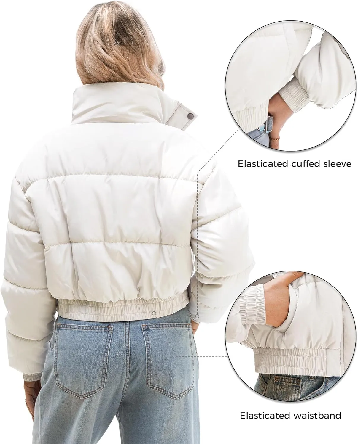 WHN Womens Cropped Jacket Puffer Lightweight Quilted Jackets Long Sleeve Stand Collar Zipper Winter Outerwear Coat