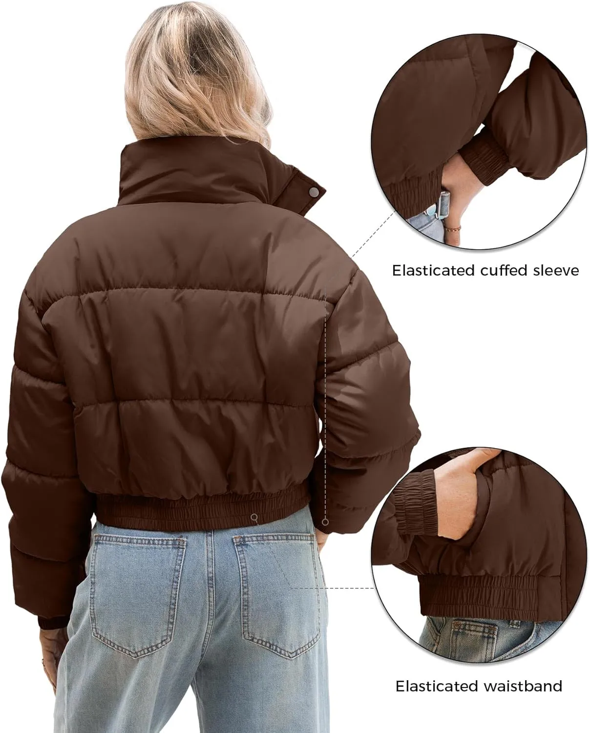 WHN Womens Cropped Jacket Puffer Lightweight Quilted Jackets Long Sleeve Stand Collar Zipper Winter Outerwear Coat