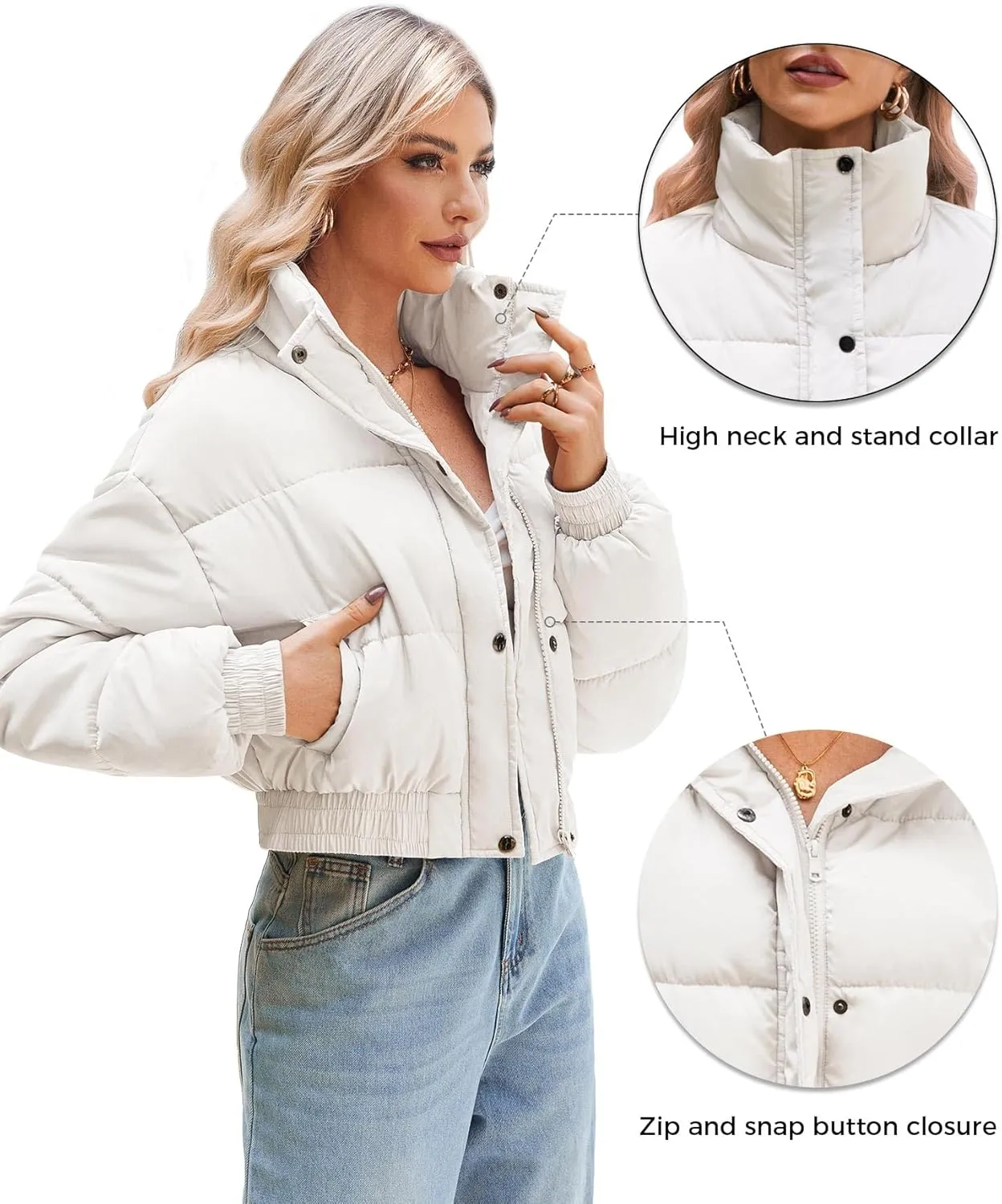 WHN Womens Cropped Jacket Puffer Lightweight Quilted Jackets Long Sleeve Stand Collar Zipper Winter Outerwear Coat