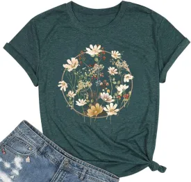 Wildflower Shirt Women Floral Boho Daisy Nature Butterfly Printed Graphic Tees Tops Garden Botanical Flowers Lover T Shirts