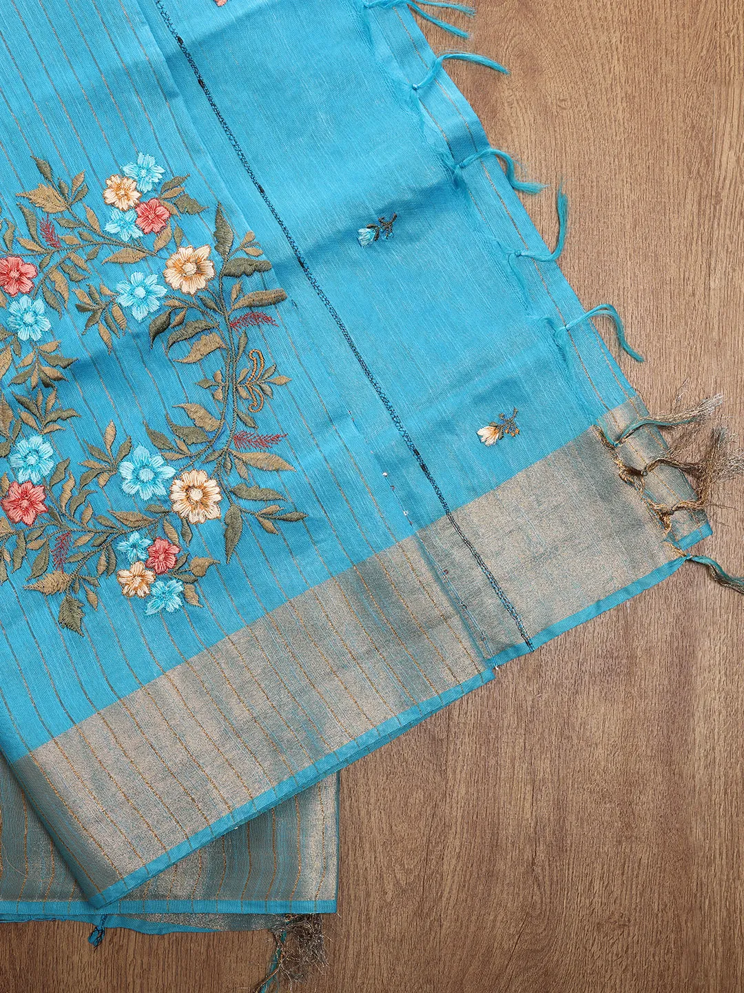 Women Semi Tussar Weaving Embroidery Saree Blue ST117