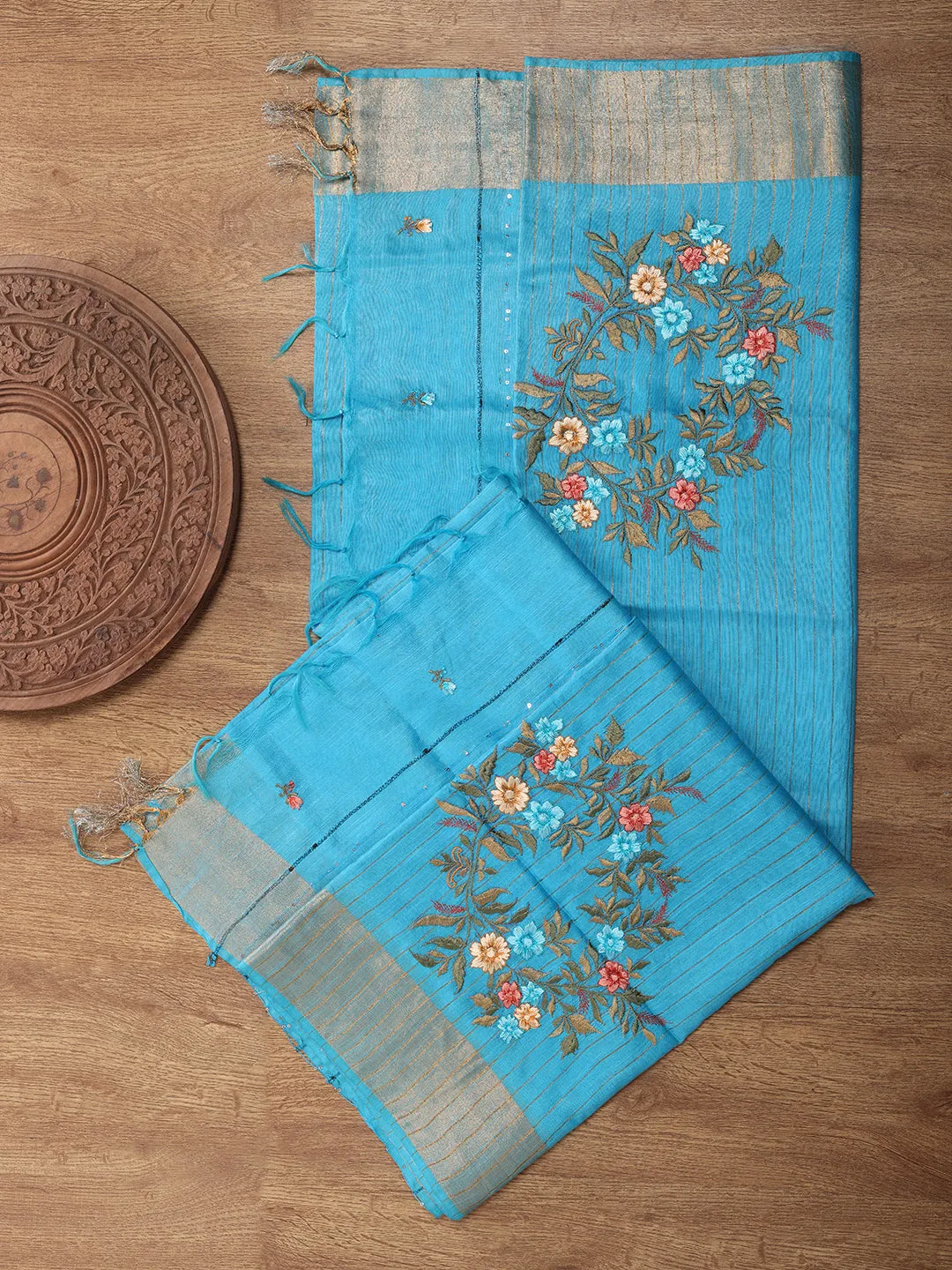 Women Semi Tussar Weaving Embroidery Saree Blue ST117