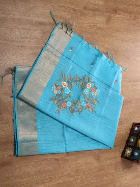 Women Semi Tussar Weaving Embroidery Saree Blue ST117