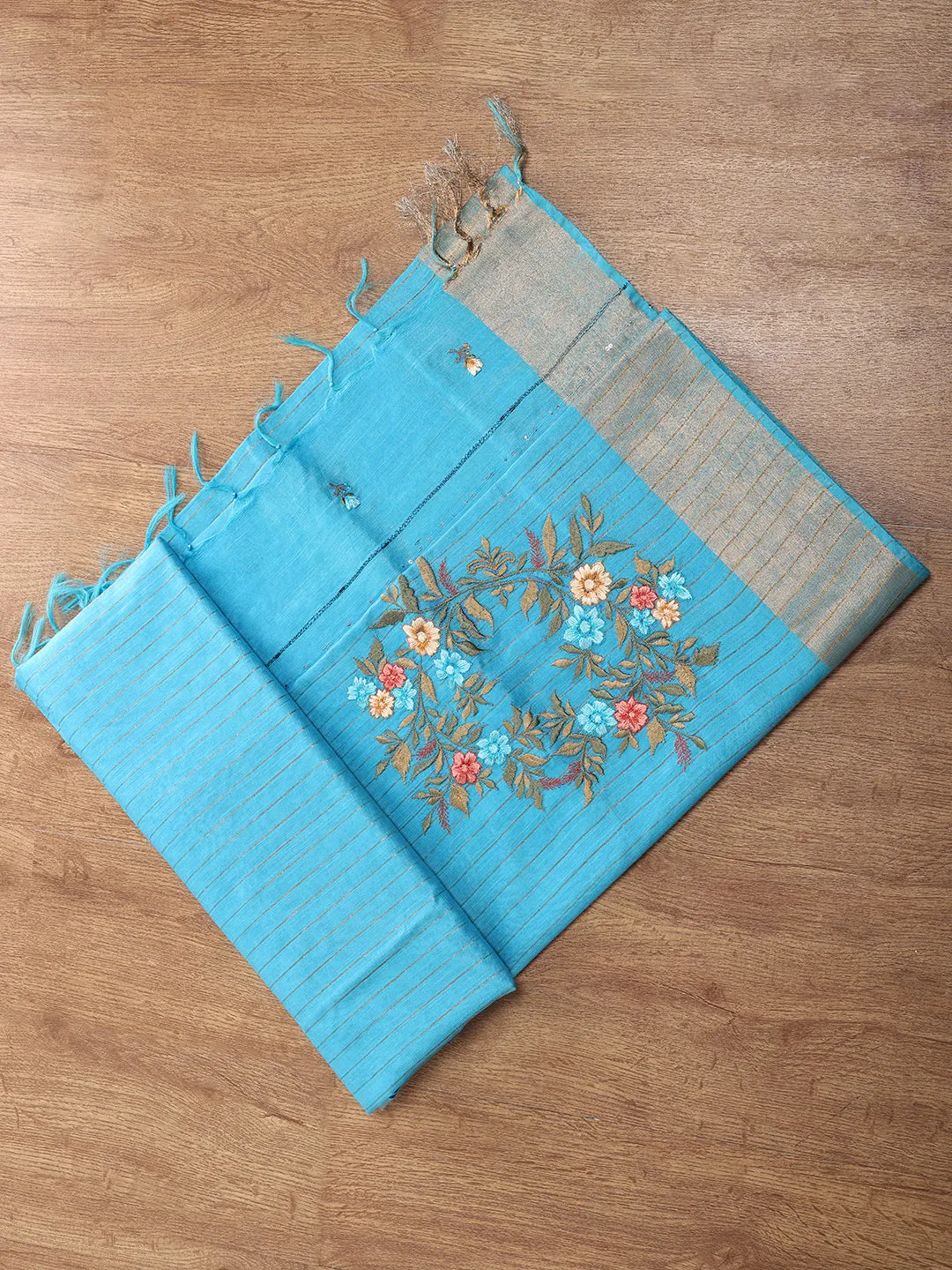 Women Semi Tussar Weaving Embroidery Saree Blue ST117