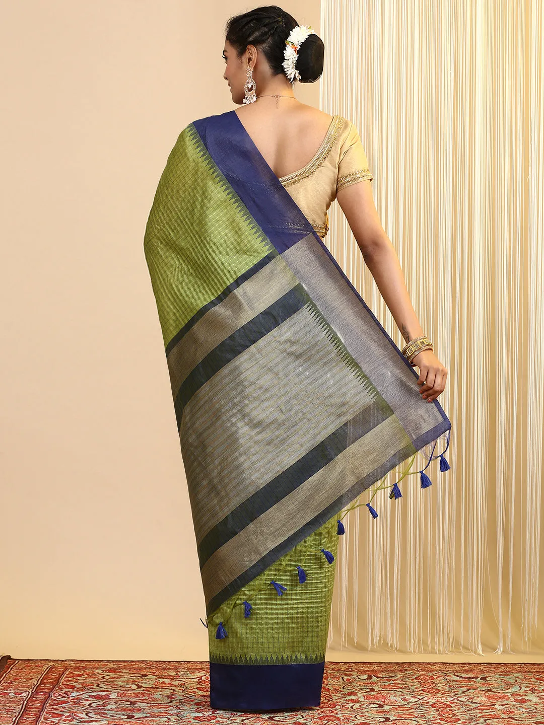 Women Semi Tussar Weaving Saree Green ST183