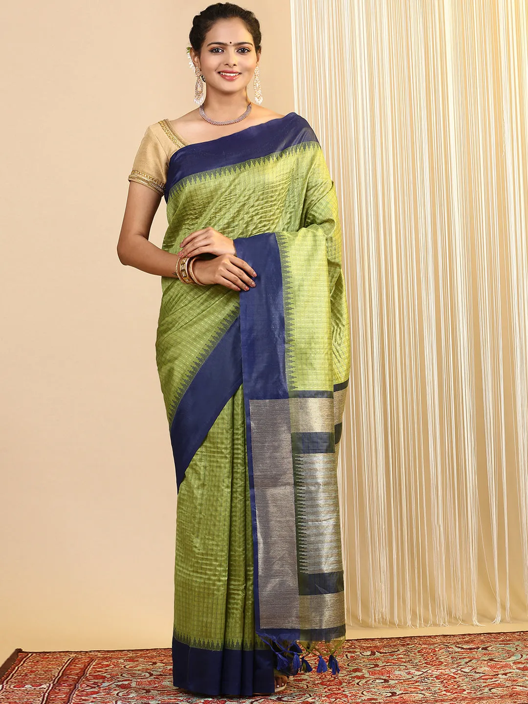 Women Semi Tussar Weaving Saree Green ST183