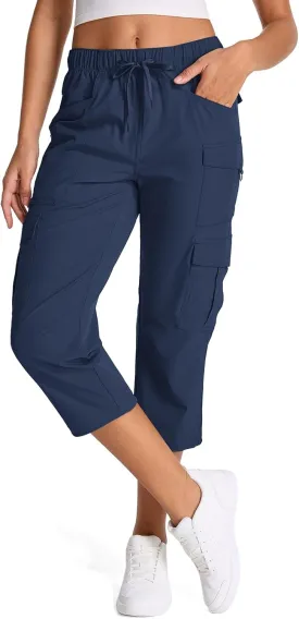 Womens Capris with Pockets Stretch Loose Fit Capri Pants Ladies Hiking Cargo Long Shorts Below The Knee Lightweight Quick Dry Elastic Waist for Casual (2036 Blue M)