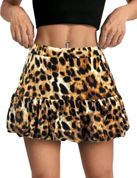 Women's Leopard Print Bubble Mini Skirt Mid Waist A-Line Short Skorts Puffy Ruffle Hem Balloon Skirts with Shorts