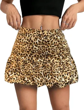 Women's Leopard Print Bubble Mini Skirt Mid Waist A-Line Short Skorts Puffy Ruffle Hem Balloon Skirts with Shorts