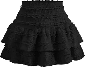 Women's Pleated Ruffle Mini Skirt Lace High Waist Layered Flared Flowy Tiered Short Skirt