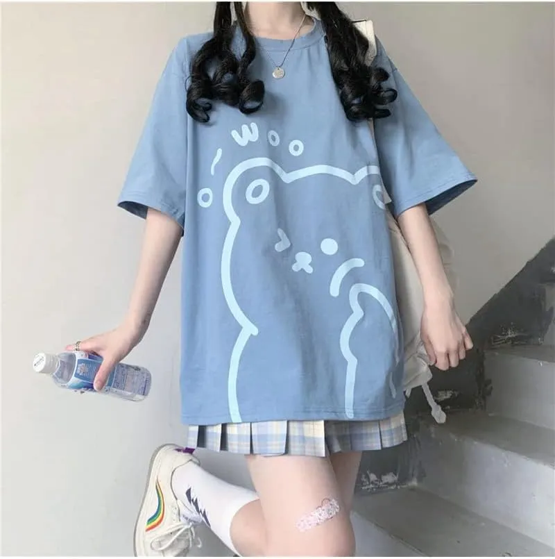Y2K Bear Graphic Baggy T Shirt Girls Kawaii Harajuku Oversized Tee Summer Aesthetic Stuff Cutecore Anime Preppy Outfits