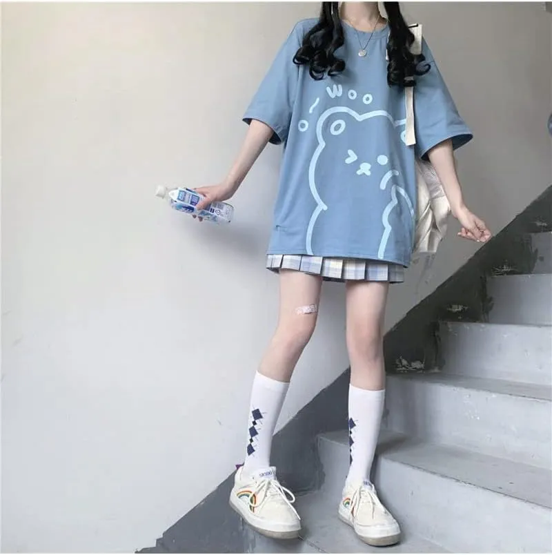 Y2K Bear Graphic Baggy T Shirt Girls Kawaii Harajuku Oversized Tee Summer Aesthetic Stuff Cutecore Anime Preppy Outfits